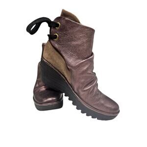 Fly London Women's YAMA Wedge Boots Leather / Suede Lace Up Heel Size 6.5 / 37